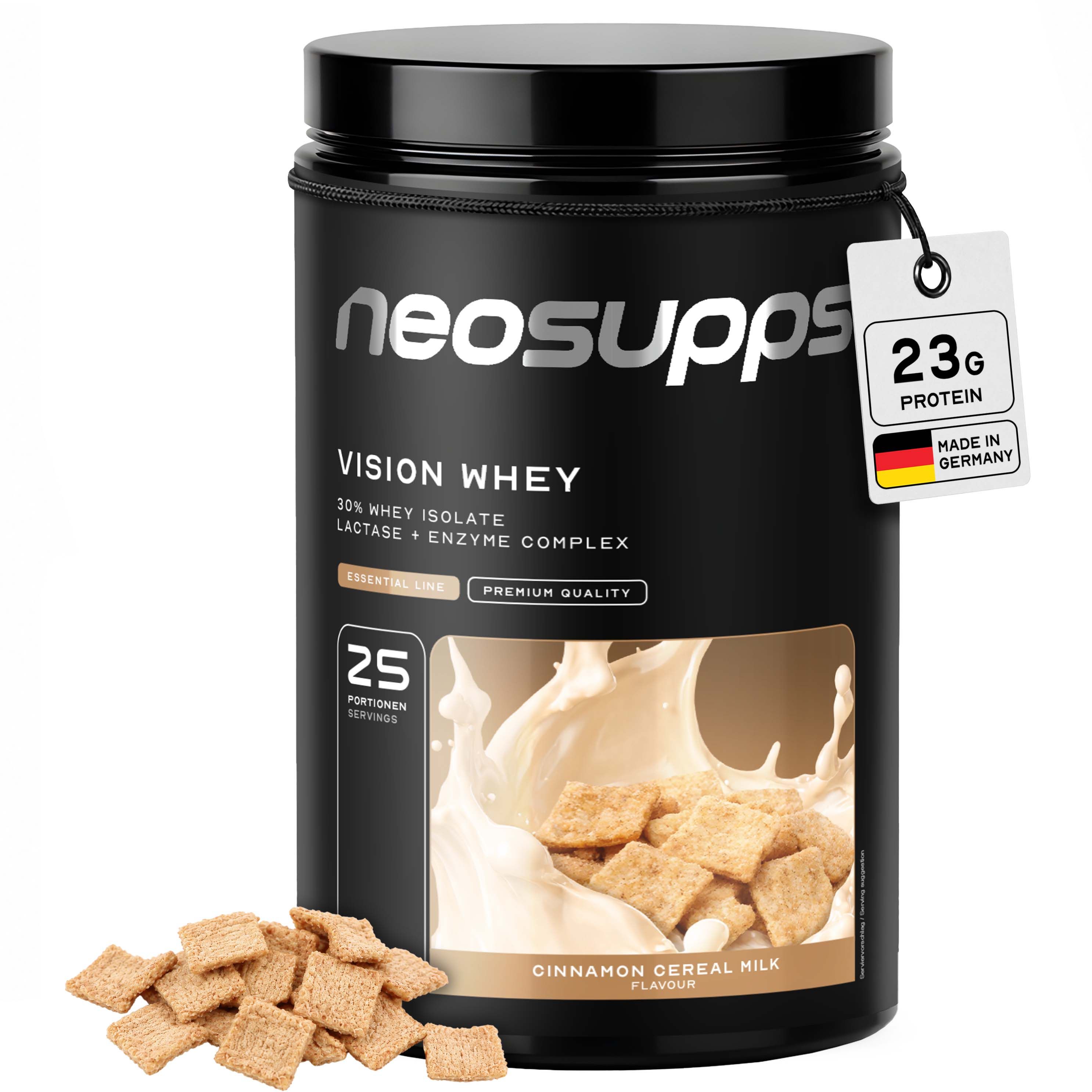 Neosupps Vision Whey Proteinpulver, Zimt-Cereal-Milch. Hergestellt in Deutschland. 23g Protein.