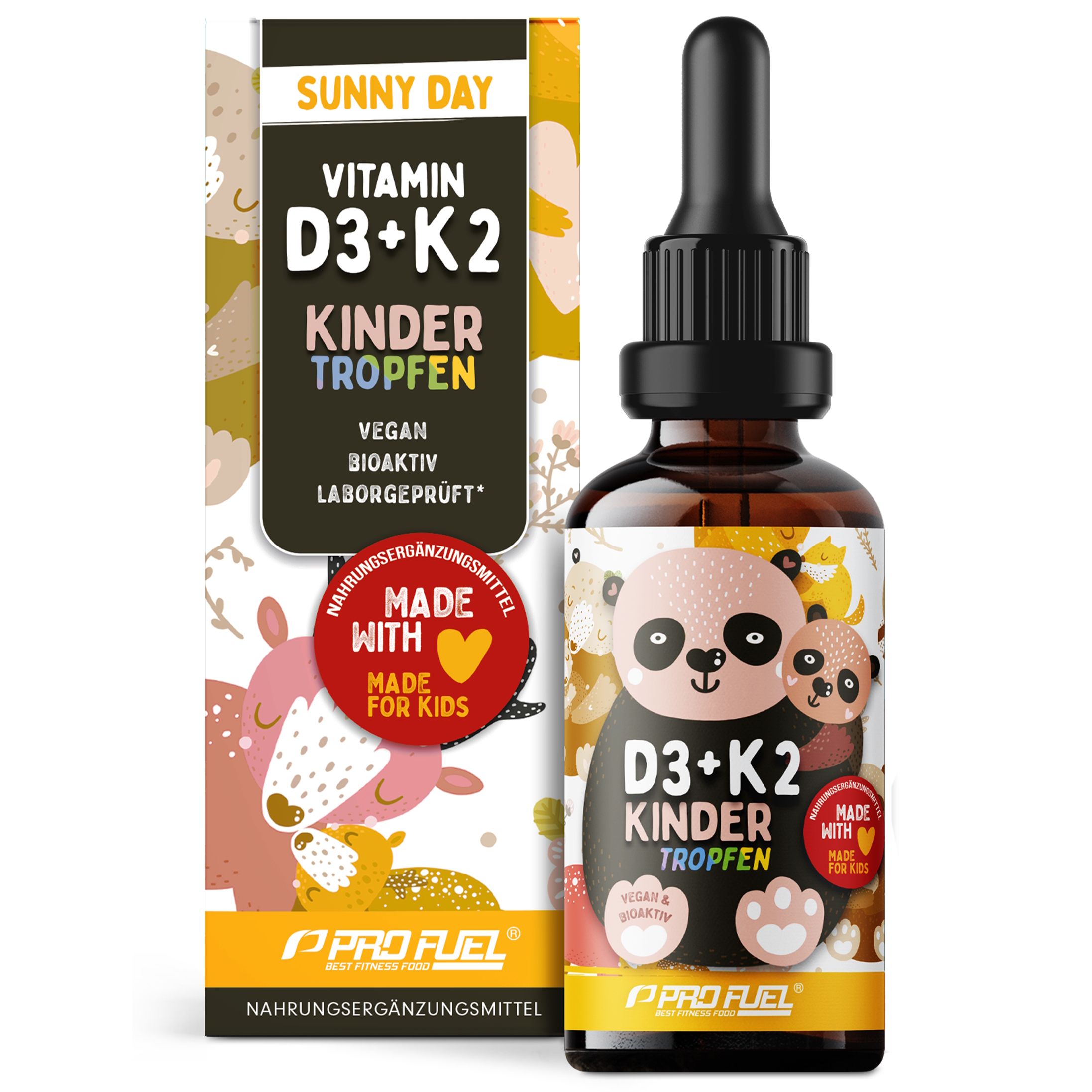 Braune Tropfenflasche mit Etikett und Karton. Text: Kinder Vitamin D3 + K2 Tropfen, vegan, bioaktiv, Laborgeprüft. Mit Pipette.