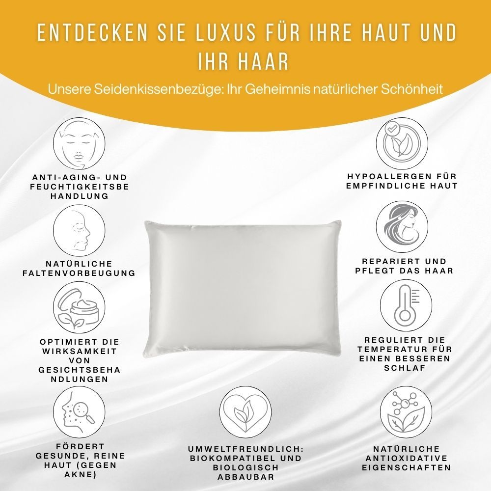 Weißes Kissen. Symbole: Anti-Aging, Feuchtigkeit, Falten, Akne, Ökologisch, Antioxidantien.