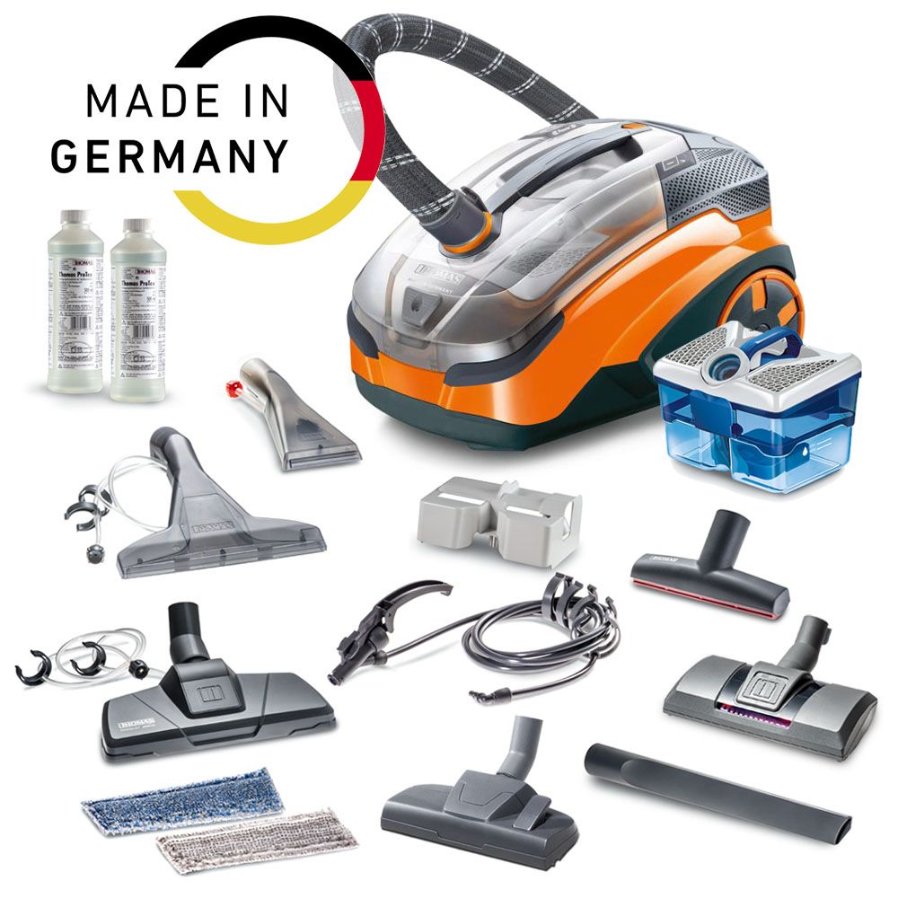Staubsauger und Zubehör: Düsen, Behälter, Reinigerflaschen. Made in Germany-Logo.