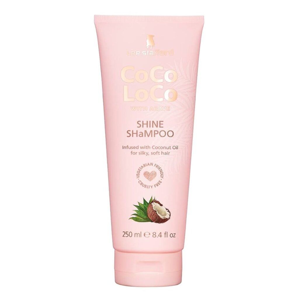 Rosa Tube mit CoCo LoCo Shine Shampoo. Text: „Infused with Coconut Oil“. Vegan- und tierversuchsfrei. 250 ml.