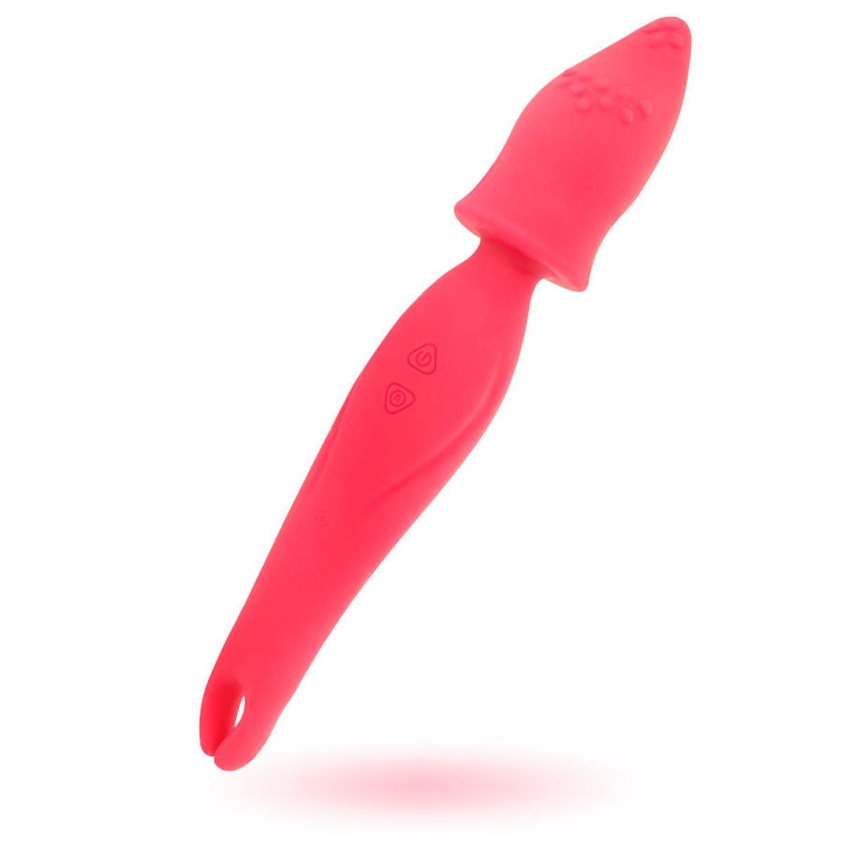 Rosa Vibrator mit abgerundeter Spitze und gebogenem Griff. Oberteil mit erhabenen Punkten. Unterteil mit gebogener Form.