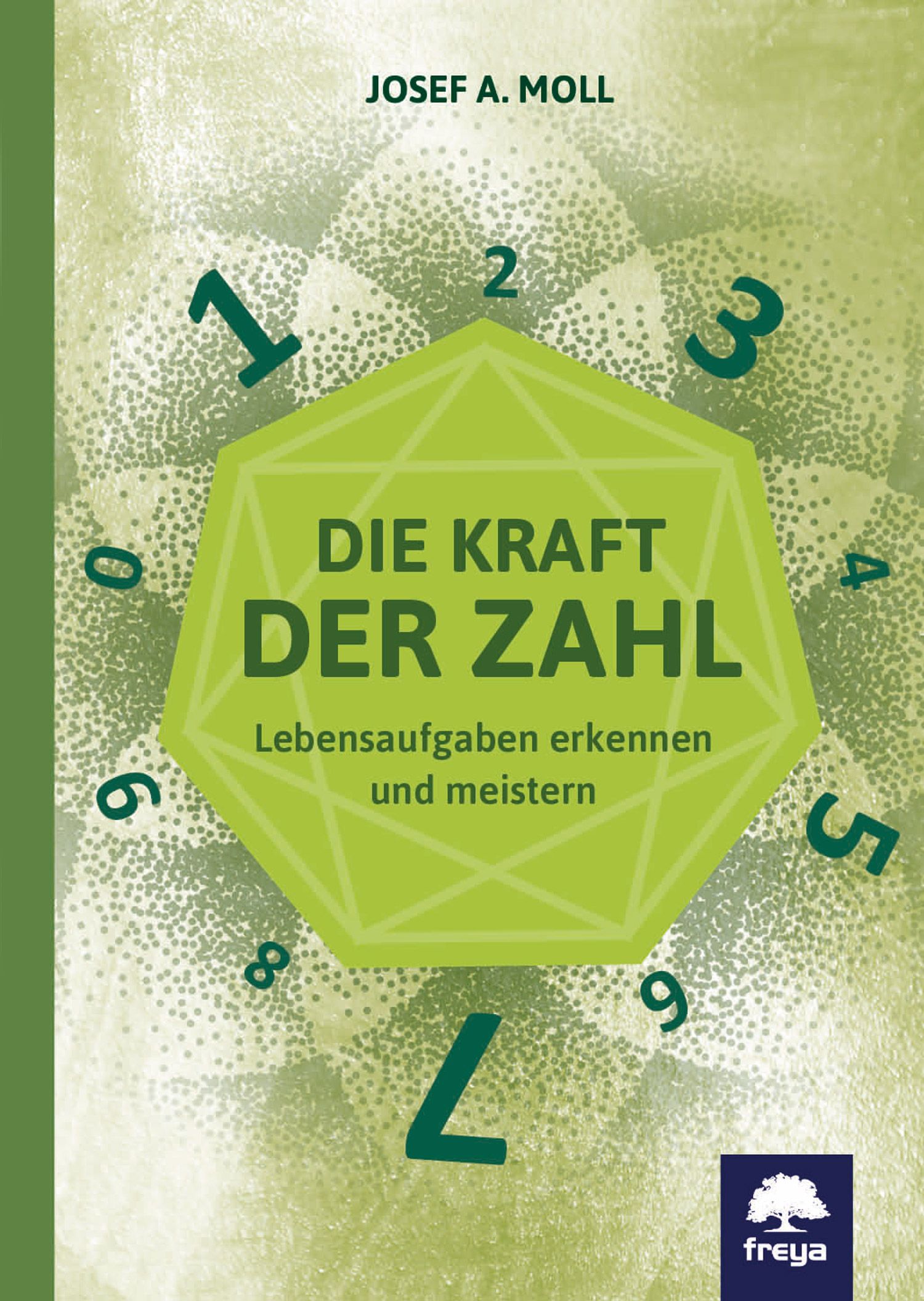 Buchcover mit Titel "Die Kraft der Zahl". Autor: Josef A. Moll. Grünes Design mit Zahlen und geometrischem Element. Verlag: freya.