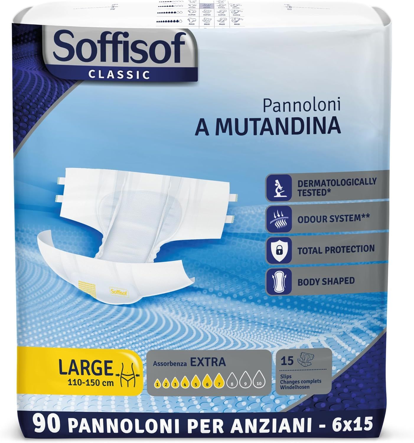 Soffisof Classic Windeln für Erwachsene Extra. Groß, 110-150 cm. 90 Stück. Dermatologisch getestet, Geruchssystem, Totaler Schutz, körpergerecht.