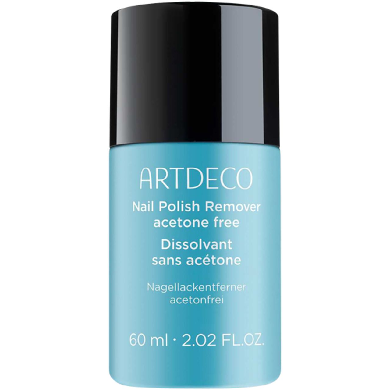 Artdeco Nagellackentferner, acetonfrei. Flasche mit schwarzem Deckel und hellblauem Etikett. Text: Nail Polish Remover, Dissolvant sans acétone.