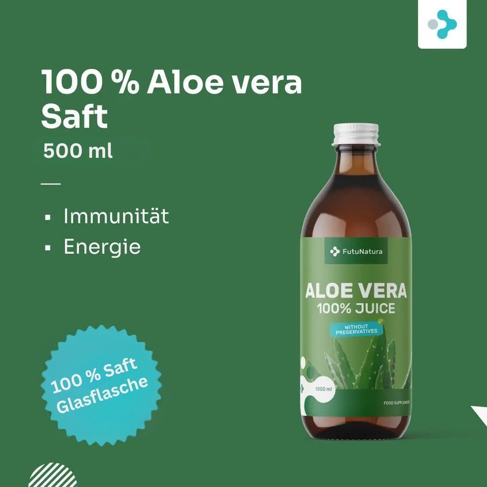 Braune Glasflasche mit grünem Etikett. Aufschrift: Aloe Vera 100% Juice, ohne Konservierungsstoffe. FutuNatura Logo. Text: 100% Aloe Vera Saft, Immunität, Energie.