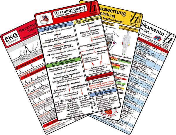 Karten-Set. Medizinische Taschen-Karten. EKG, Herzrhythmusstörungen, Notfallmedikamente, Reanimation. Mehrere Karten überlappend.