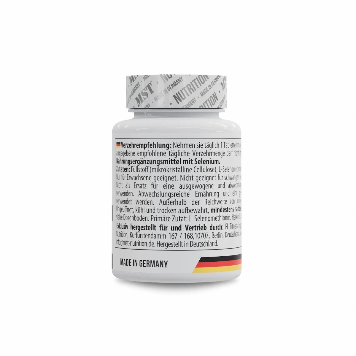 Rückansicht einer weißen Tablettenflasche. Text in deutscher Sprache. Aufschrift: Made in Germany. Farbstreifen in Schwarz, Rot, Gold.