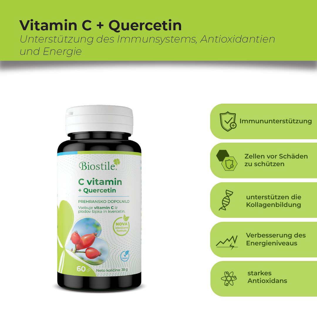 Flasche mit Aufschrift: Biostile C vitamin + Quercetin. 60 Kapseln. Illustration von Hagebutten. Icons mit Text.