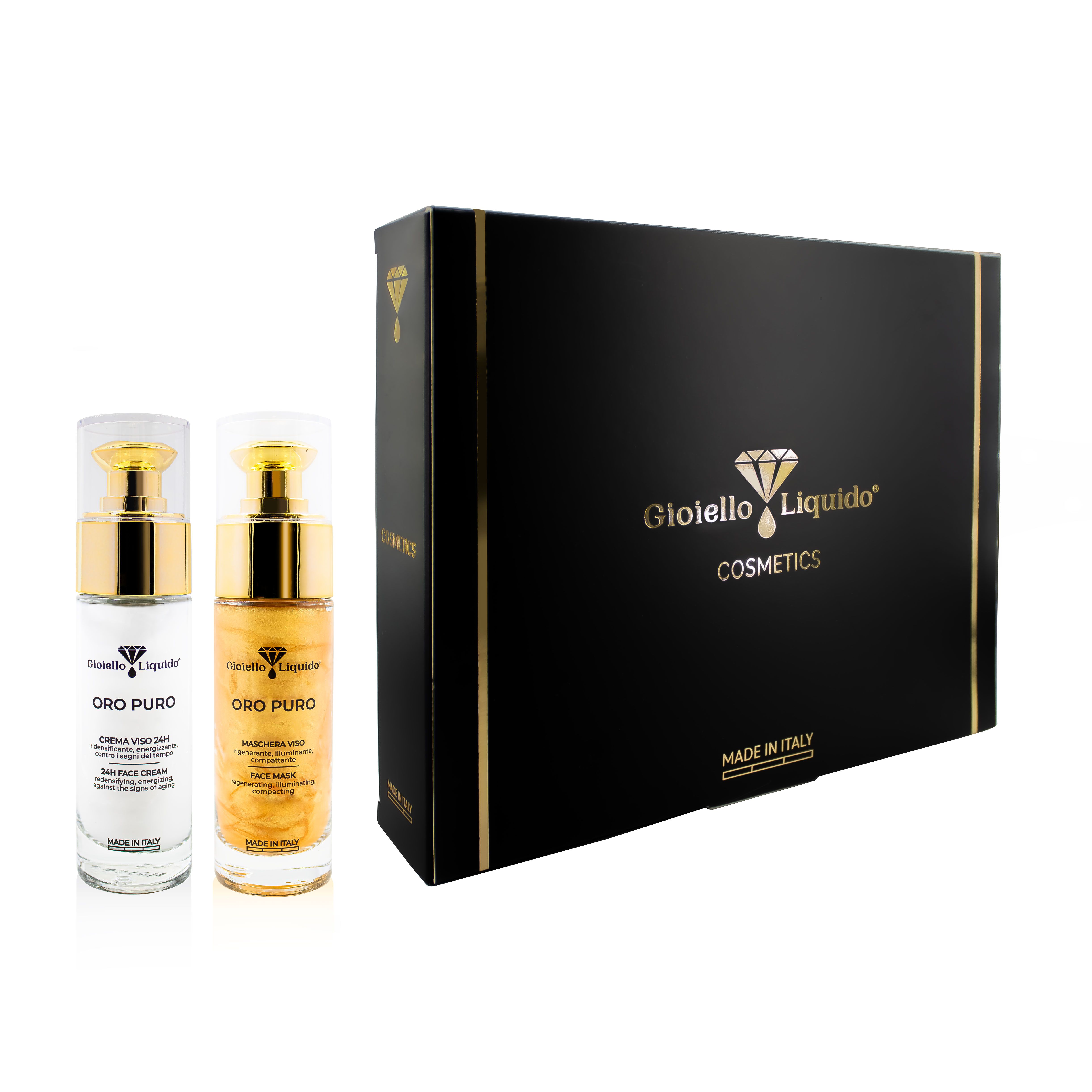 Geschenkbox mit zwei Flaschen. Eine weiße und eine goldfarbene Flasche. Schwarze Box mit Goldakzenten und Logo.