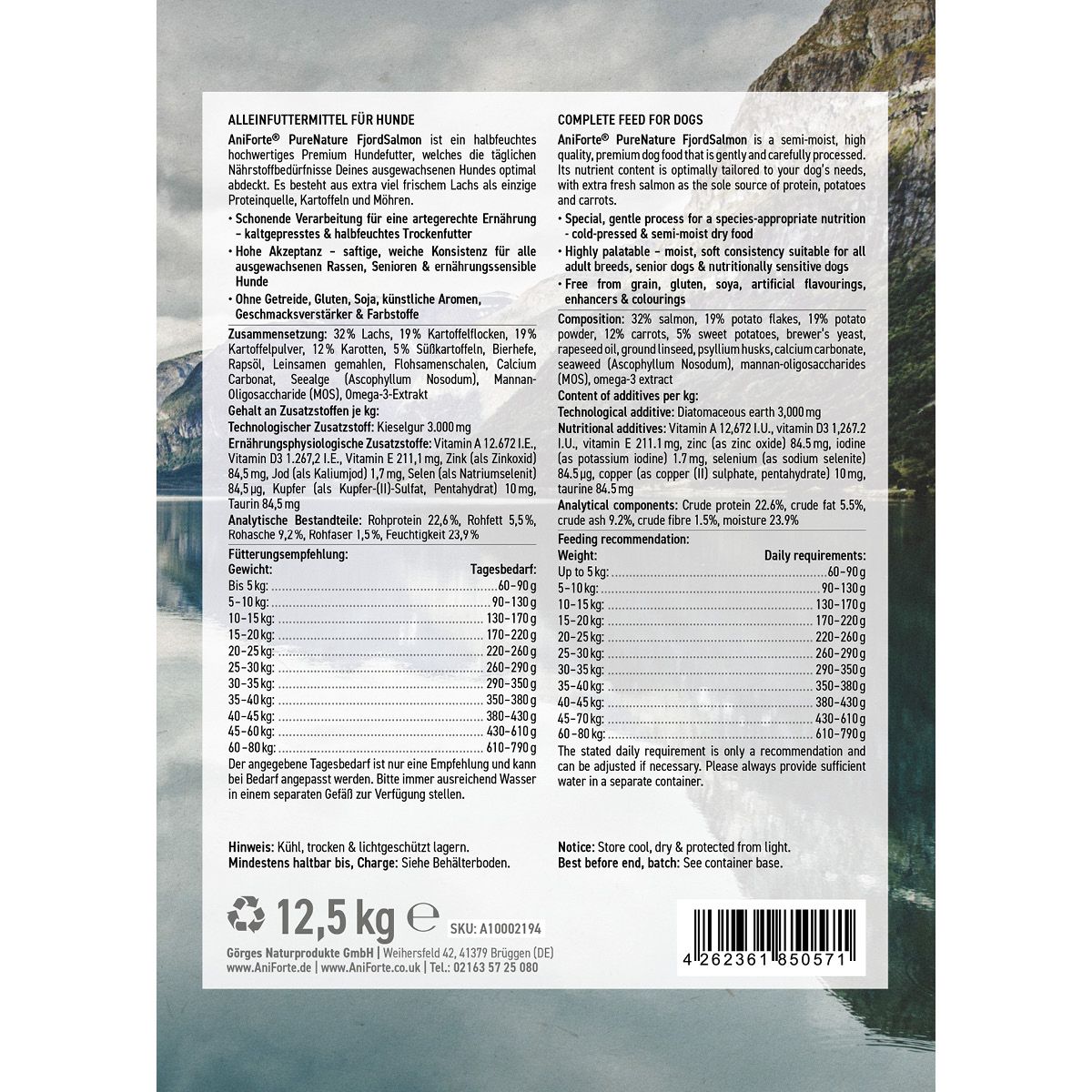 Rückseite der Trockenfutter-Verpackung. Text: AniForte, FjordSalmon, 12,5 kg. Inhaltsstoffe, Fütterungsempfehlung, Warnhinweise.