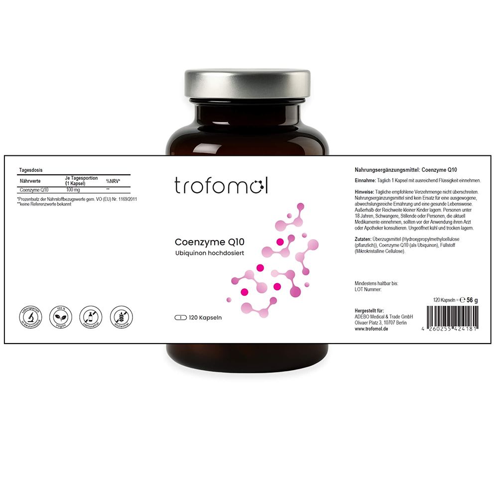 Braune Glasflasche mit weißem Etikett. Aufschrift: trofomol, Coenzyme Q10, 120 Kapseln. Zusätzliche Informationen auf dem Etikett.