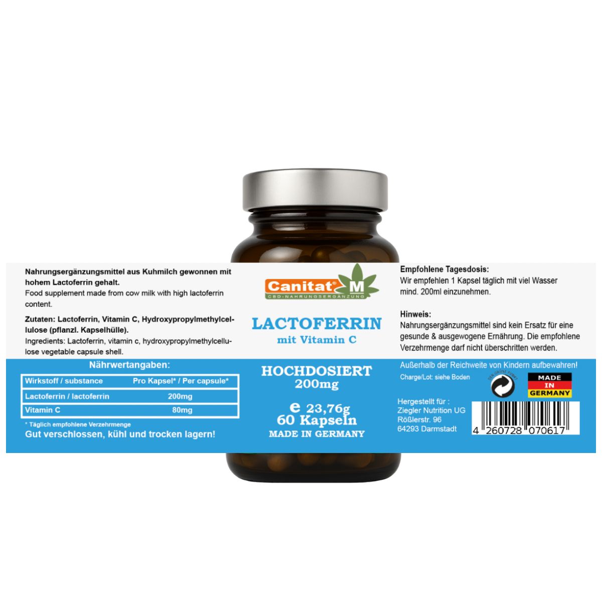 Braune Glasflasche mit Etikett. "Canitat M", "Lactoferrin mit Vitamin C", "60 Kapseln", "200mg". Text über Inhaltsstoffe und Dosierung.