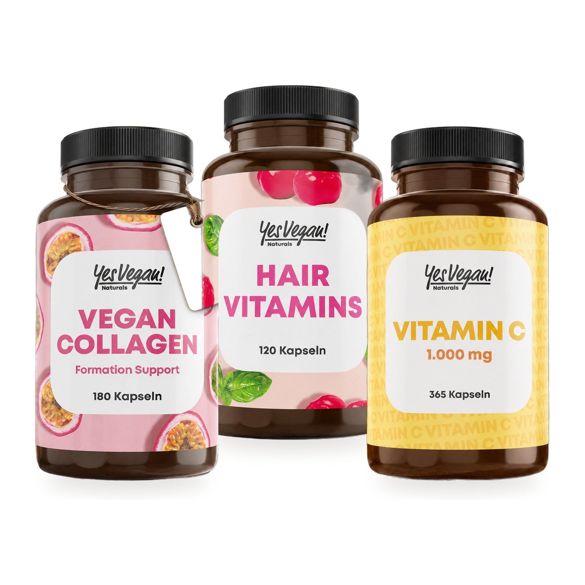 Yes Vegan! Glow-Ritual: Hair Vitamins, Vegan Collagen und Vitamin C Kapseln.