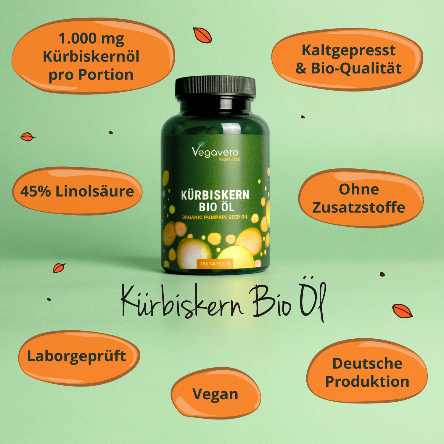 Flasche Kürbiskern BIO Öl mit Informationen. Angaben: 1000 mg Kürbiskernöl, 45% Linolsäure, ohne Zusatzstoffe, vegan.