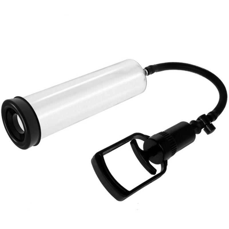 Transparente Penispumpe mit schwarzem Kolbengriff und Schlauch. Zylindrischer Körper.