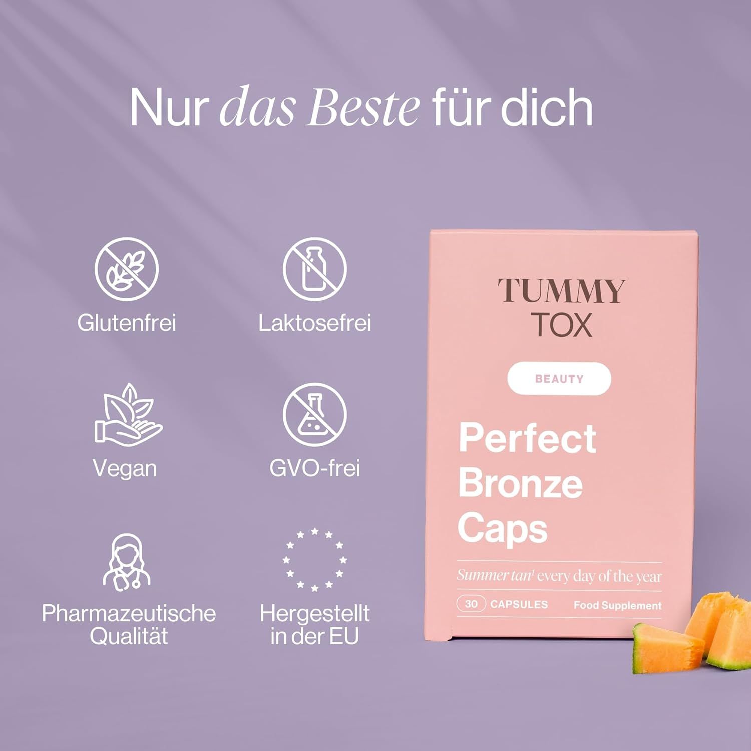 Rosa Schachtel mit 'Tummy Tox Perfect Bronze Caps'. Symbole: Glutenfrei, Laktosefrei, Vegan, GVO-frei, Pharmazeutische Qualität, Hergestellt in der EU.