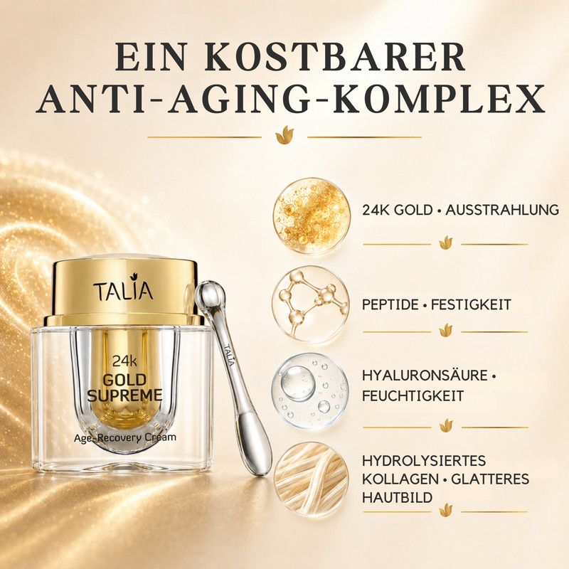 Tiegel mit 24K Gold Supreme Age-Recovery Cream, daneben ein Applikator und Infografiken.