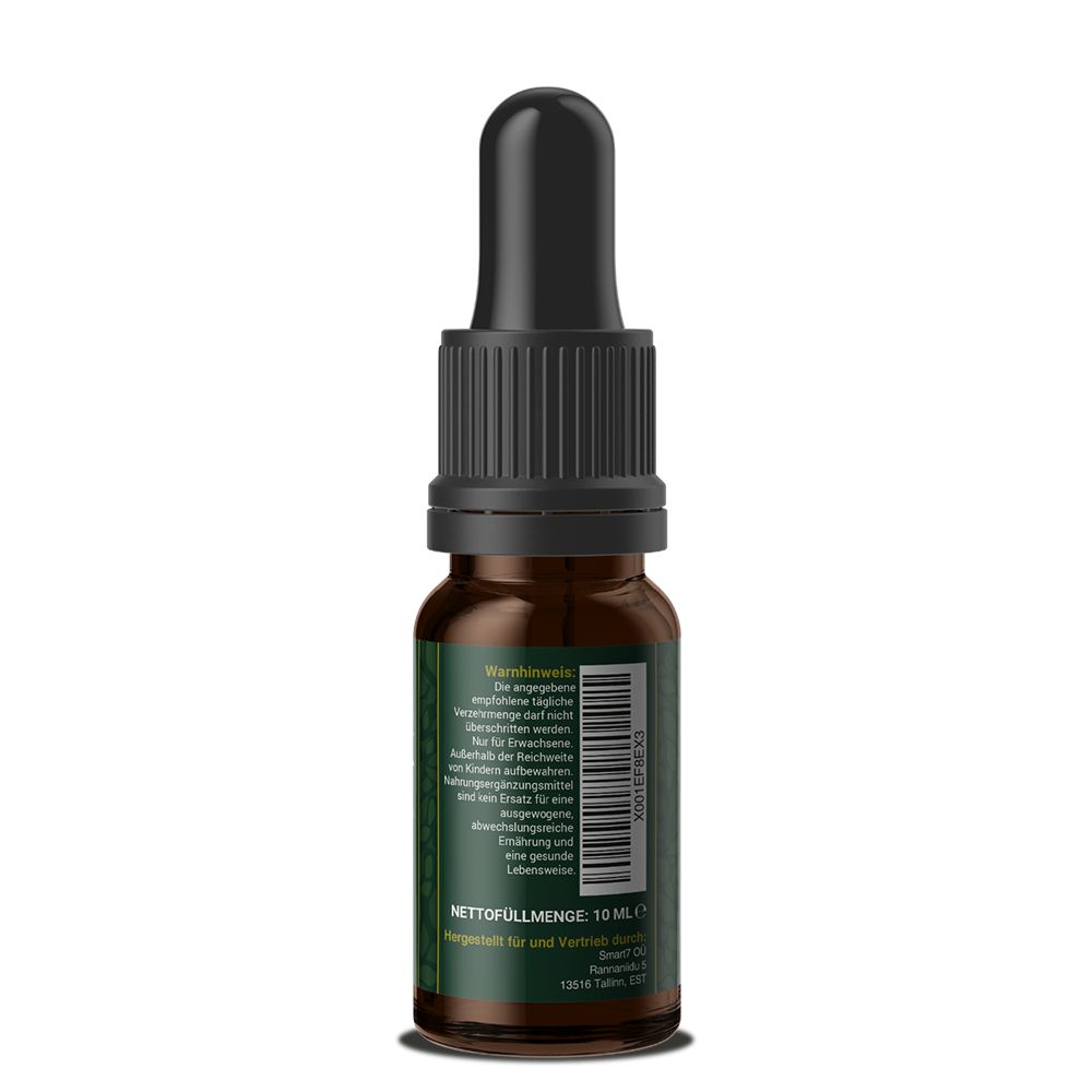 Rückseite der Flasche. Grüne Etiketten mit Warnhinweisen und Barcode. Nettomenge: 10 ml.
