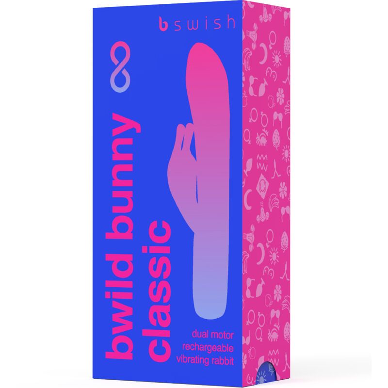 Blaue Verpackung mit Produktname und Logo. Rosa Illustration eines Vibrators. Text: dual motor rechargeable vibrating rabbit.
