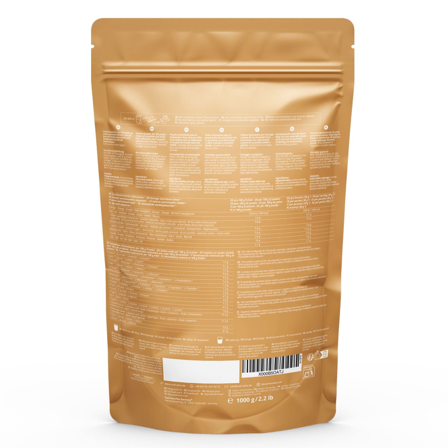 Rückseite eines goldenen Beutels mit nutri+ 'VEGAN 3K PROTEIN'. Enthält Nährwertangaben und Barcode.