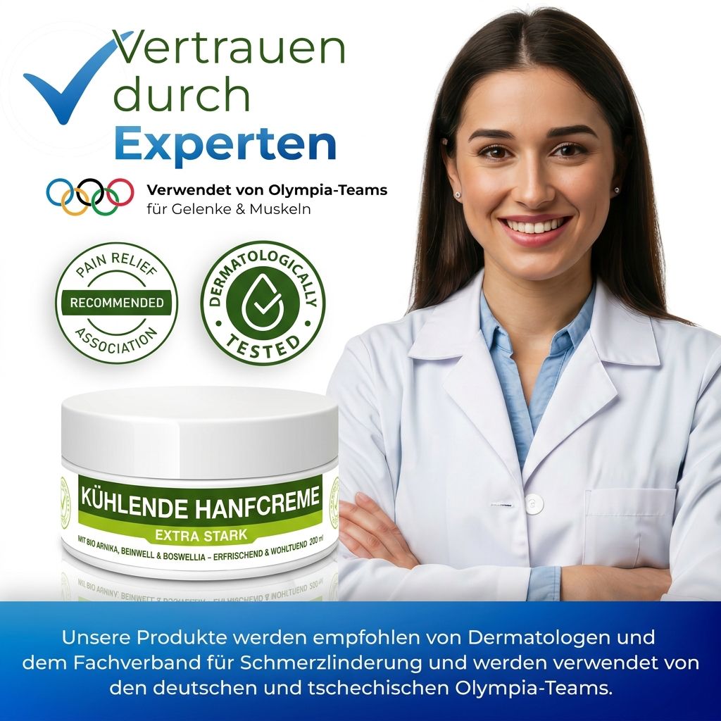 Weißer Tiegel mit Hanfcreme, "Kühlende Hanfcreme Extra Stark" Aufschrift. Frau in Arztkittel, Experten-Siegel.