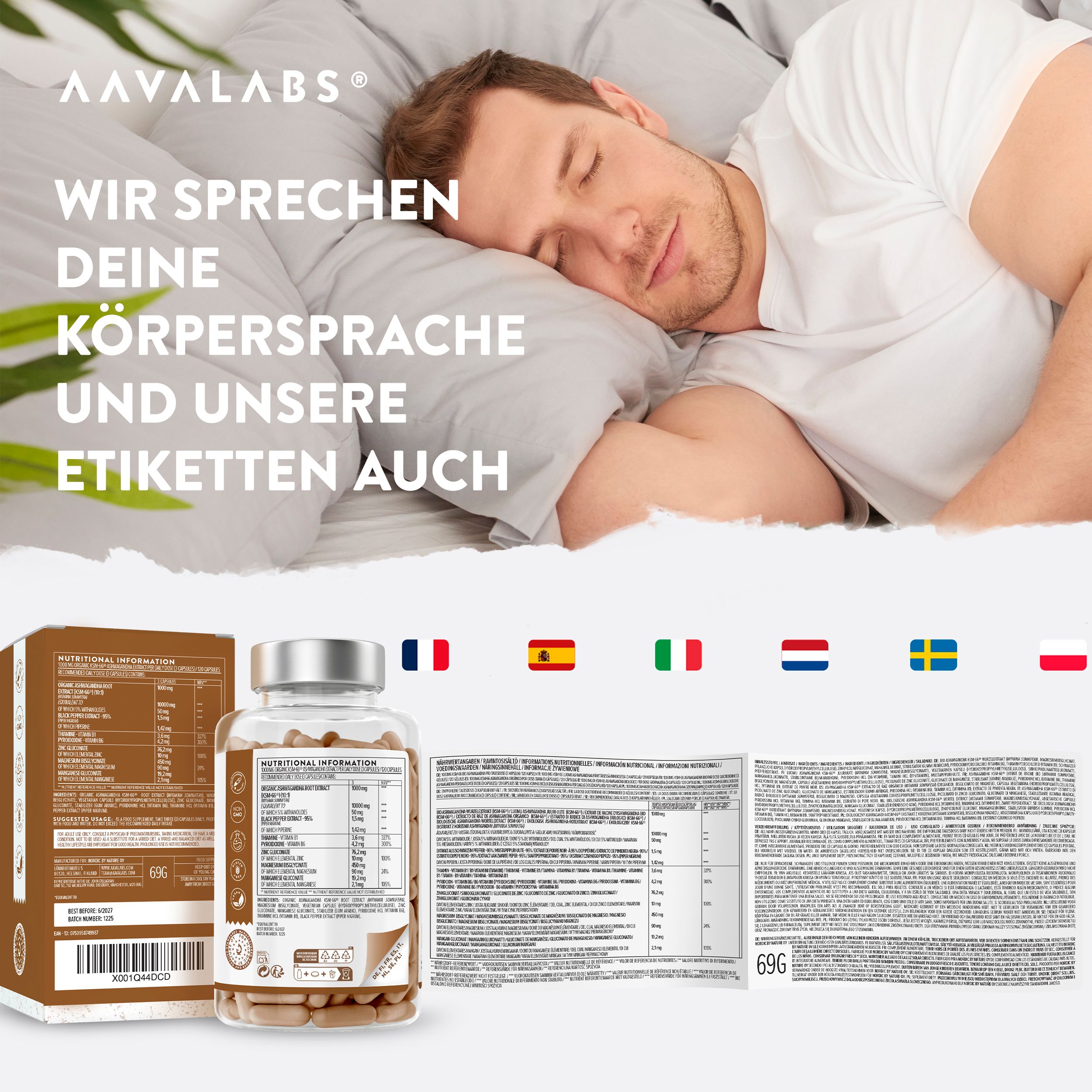 Mann im Bett mit Flasche und Verpackung. Aufschrift: Nährwertangaben. Marke: AAVALABS. 69g.
