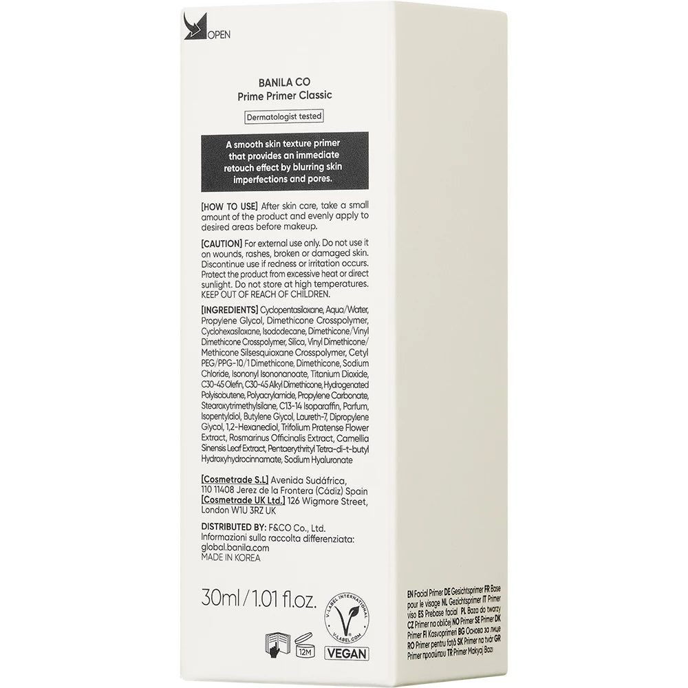 Banila Co Prime Primer Classic Produktverpackung mit Anwendungshinweisen und Inhaltsstoffen.