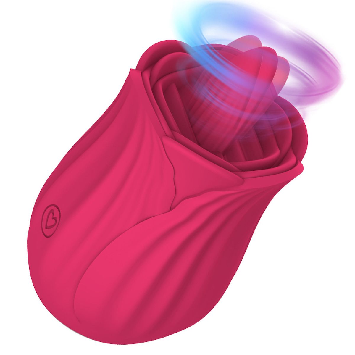 Rosa Vibrator in Blütenform. Mit Herzsymbol und Bedienknopf. Mit blauen Lichteffekten.