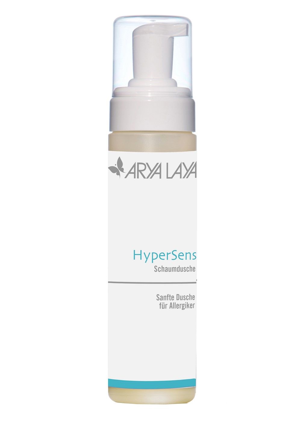 Weiß-transparente Flasche mit Sprühkopf. Aufschrift: ARYA LAYA, HyperSens, Schaumdusche, Sanfte Dusche für Allergiker.