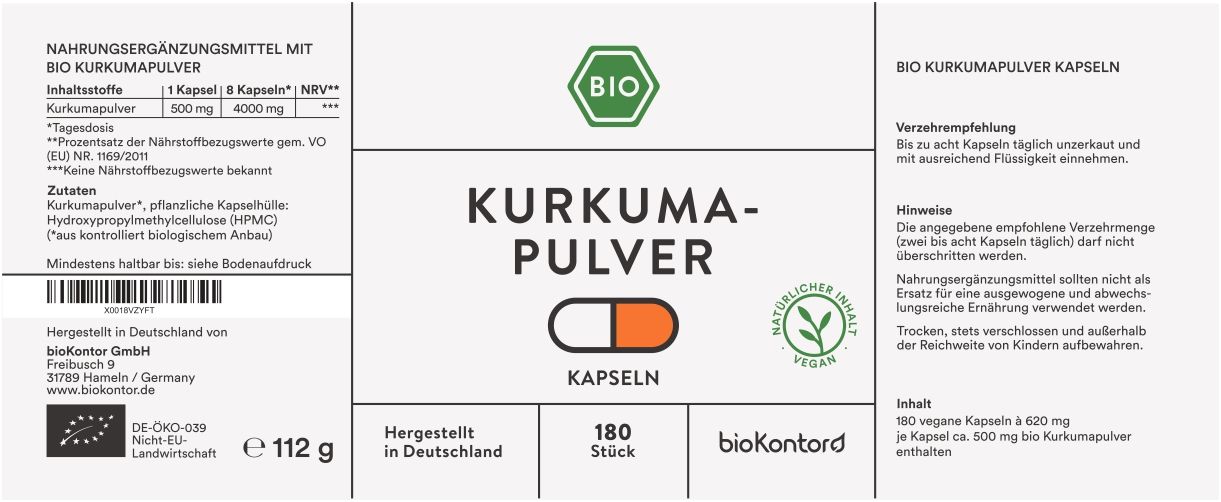 Weißes Etikett mit Text: "Kurkuma-Pulver Kapseln", Bio-Siegel, 180 Stück, vegan. Enthält Informationen und Inhaltsstoffe.