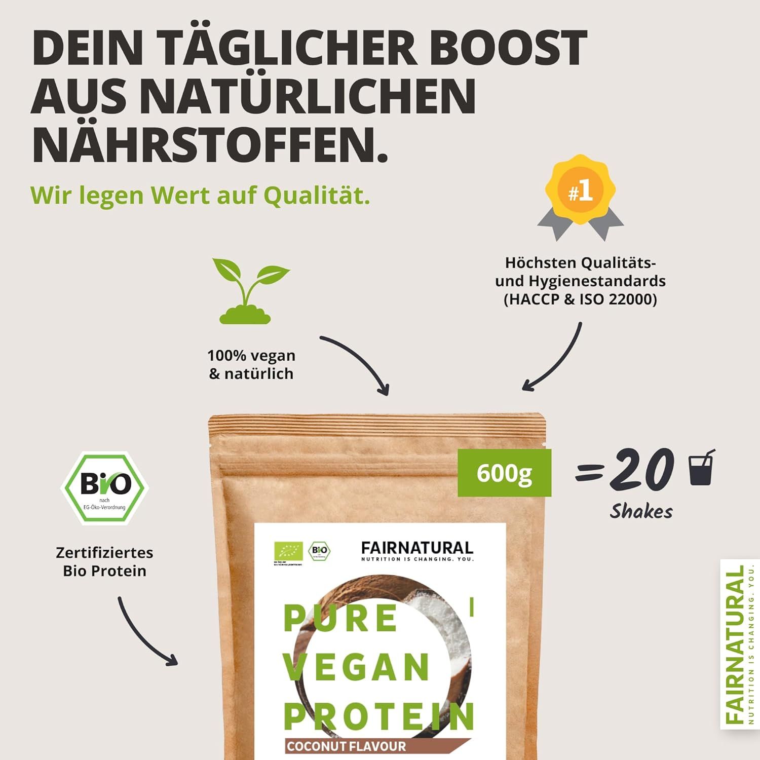 Beutel FAIRNATURAL Bio Vegan Protein. 100% vegan & natürlich. Zertifiziertes Bio Protein. 600g = 20 Shakes. Qualitätszeichen.