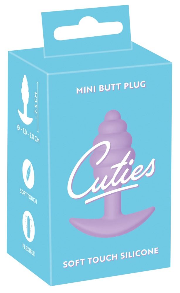 Verpackung mit lila Analplug. Text: Cuties, Mini Butt Plug, Soft Touch Silicone.