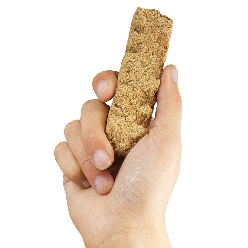 Eine Hand hält einen einzelnen, rechteckigen Hundekuchen, beige, mit rauer Oberfläche.
