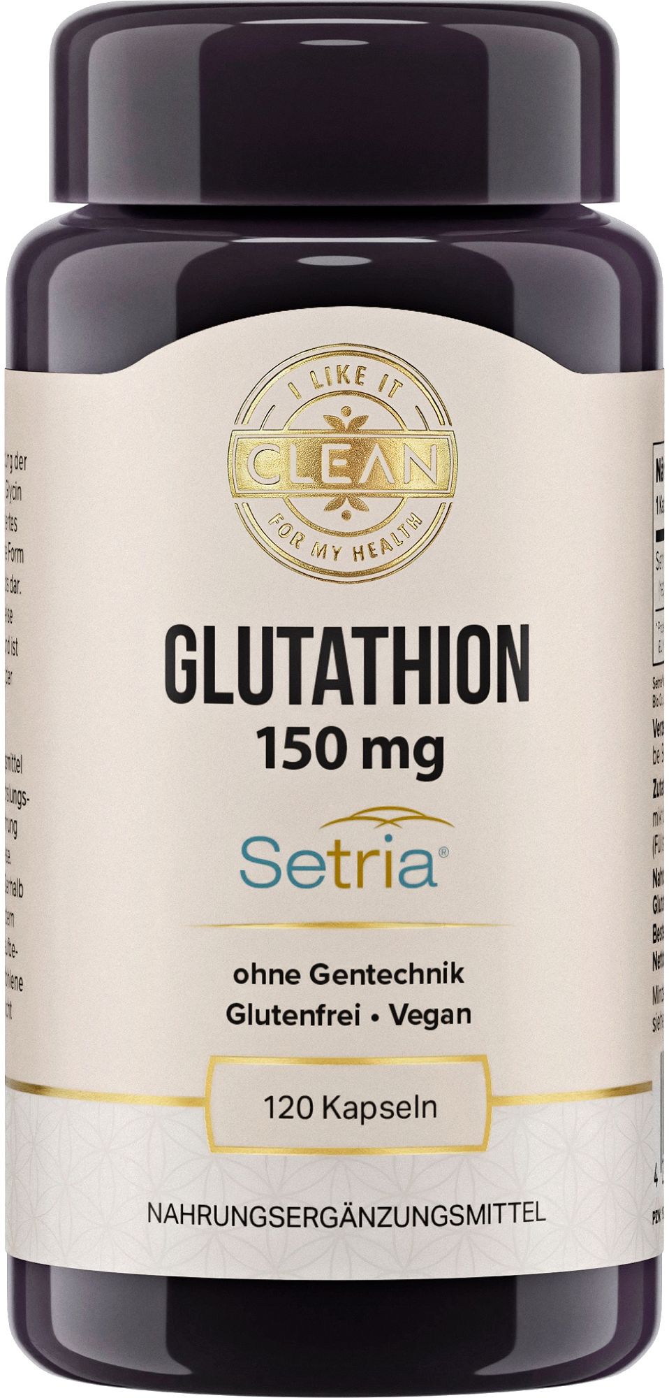 Flasche mit 120 Kapseln Glutathion, 150 mg pro Kapsel. Ohne Gentechnik, glutenfrei, vegan.