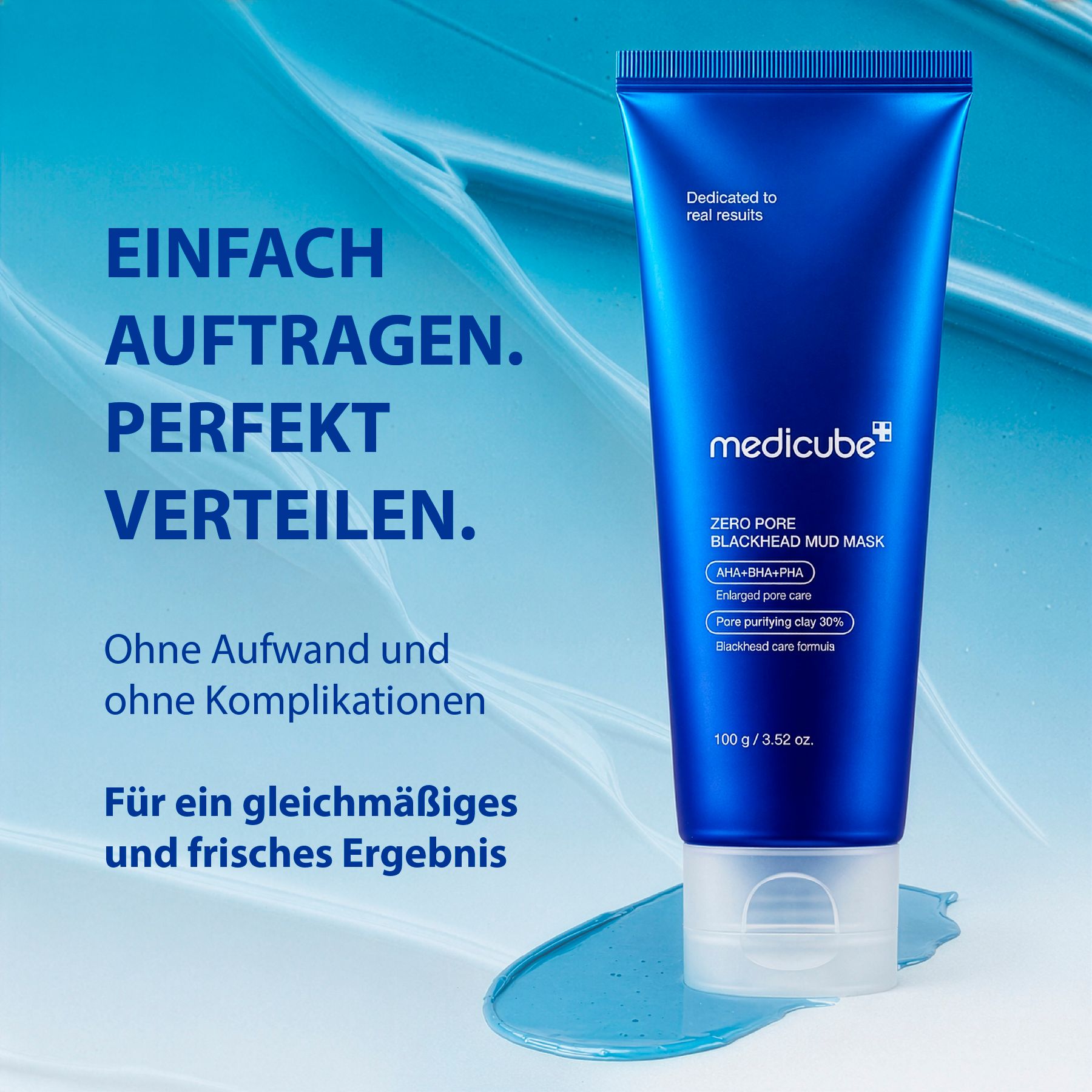 Blaue Tube mit Medicube Zero Pore Blackhead Mud Mask, 100g. Blaue Maske auf der Oberfläche.