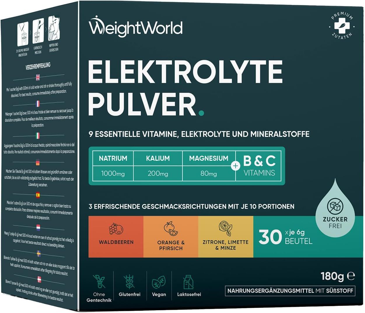 WeightWorld Elektrolyte Pulver Packung. Enthält 30 Beutel, 180g. 9 essentielle Vitamine, Elektrolyte und Mineralstoffe. Ohne Gentechnik, vegan.