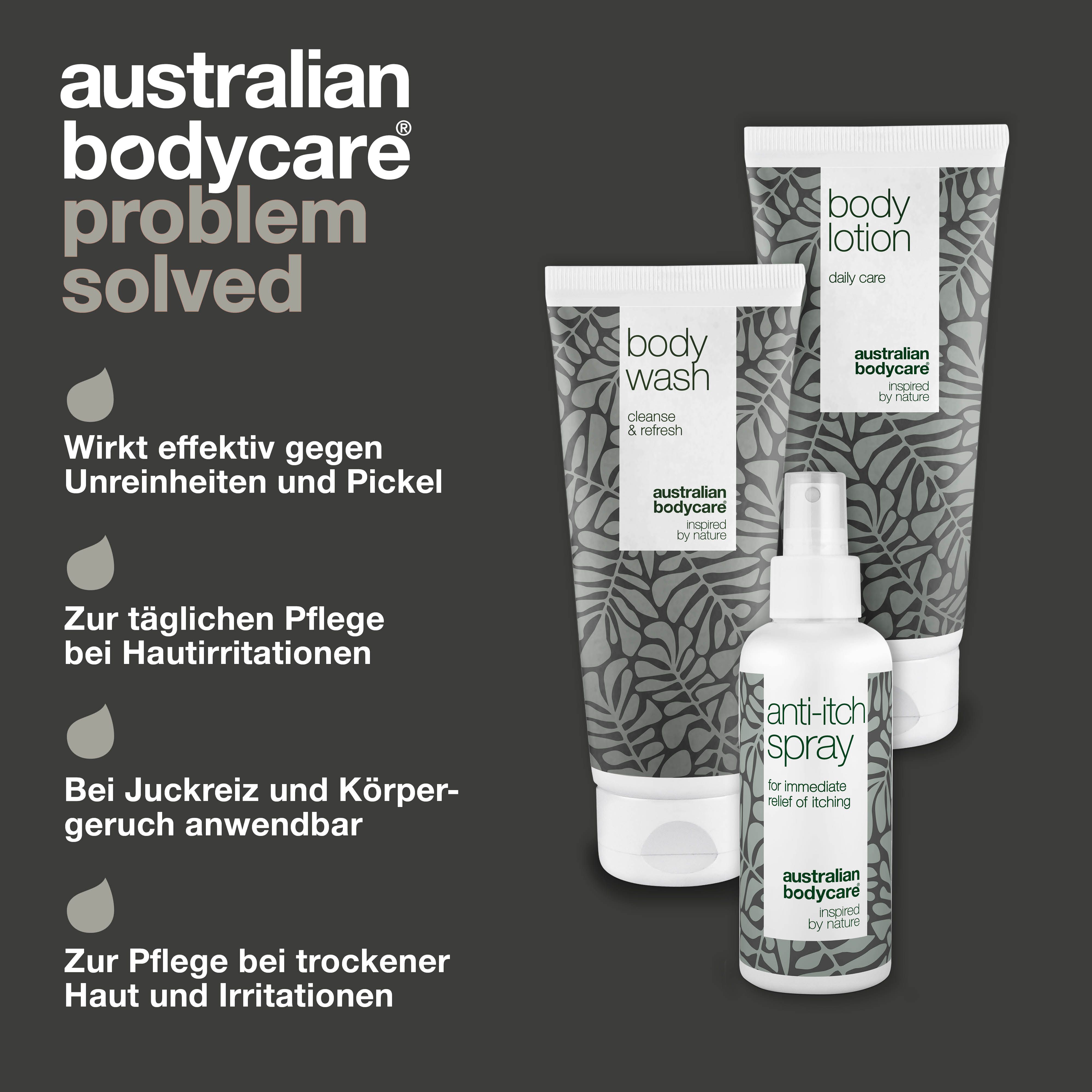 Grafik: Problem gelöst. Produkte: Body Wash, Body Lotion, Anti-Juckreiz-Spray.