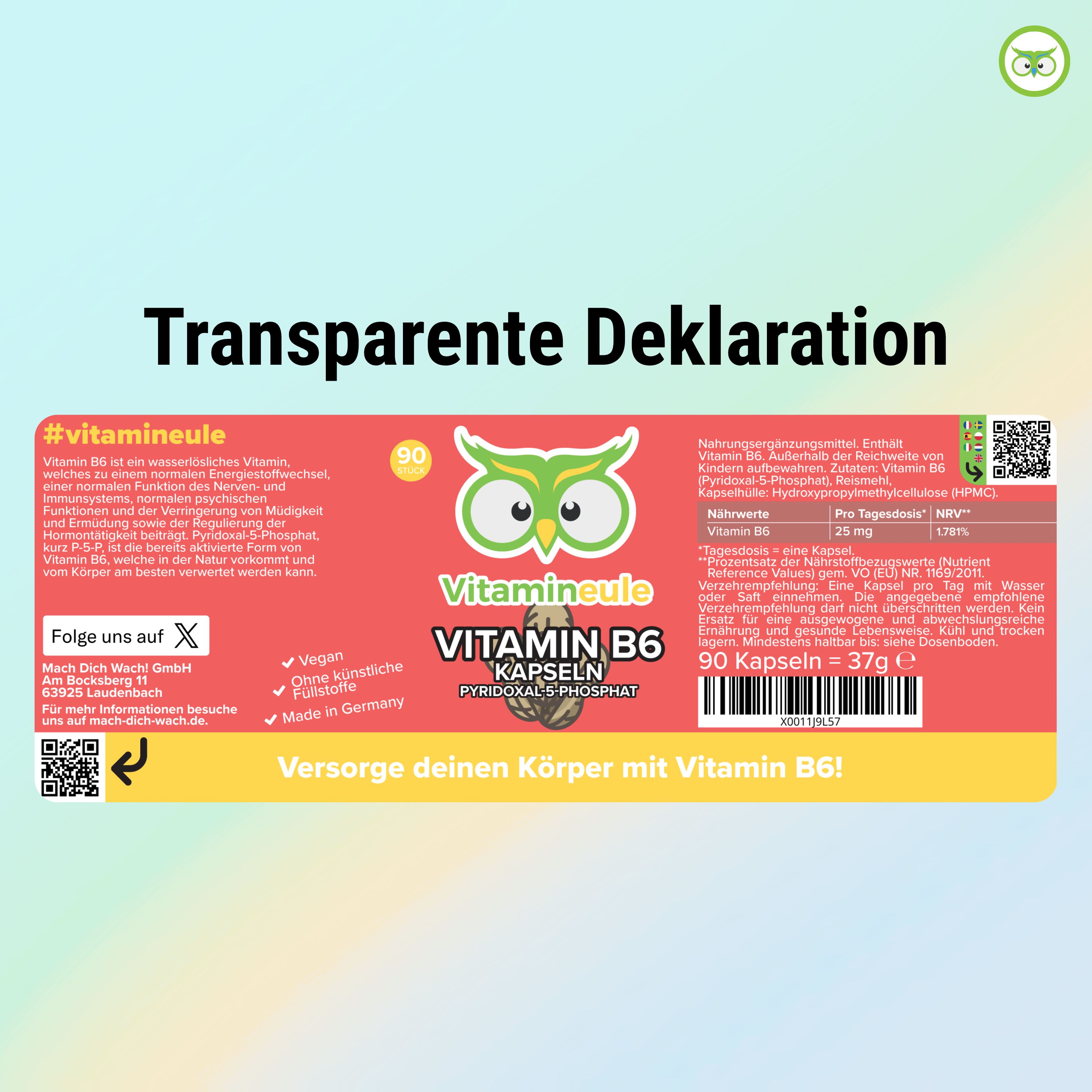 Rotes Etikett mit Produktinformationen. Vitamin B6 Kapseln, Vitamineule. Nährwertangaben, Inhaltsstoffe, Herstellerinformationen, 90 Kapseln.