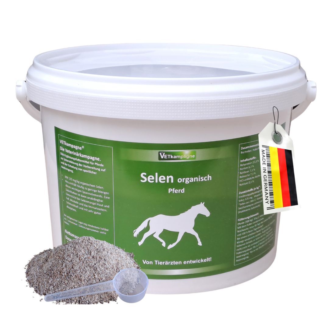 Weißer Eimer mit grünem Etikett. Aufschrift: Selen organisch Pferd. Neben dem Eimer: Pulver und Messlöffel. Made in Germany.
