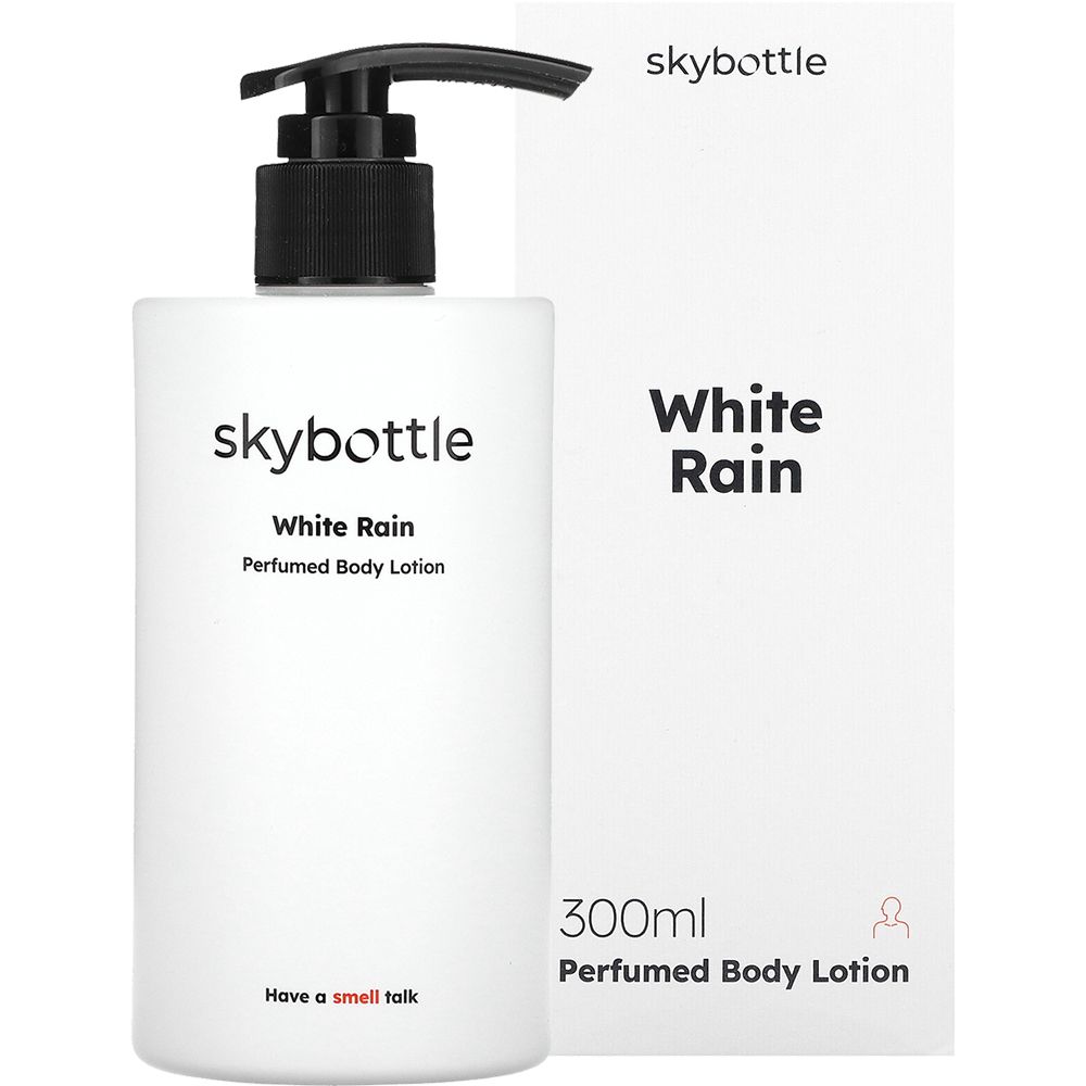 Weiße Lotion-Flasche mit schwarzem Pumpkopf und Verpackung. Aufschrift: skybottle, White Rain, 300ml.