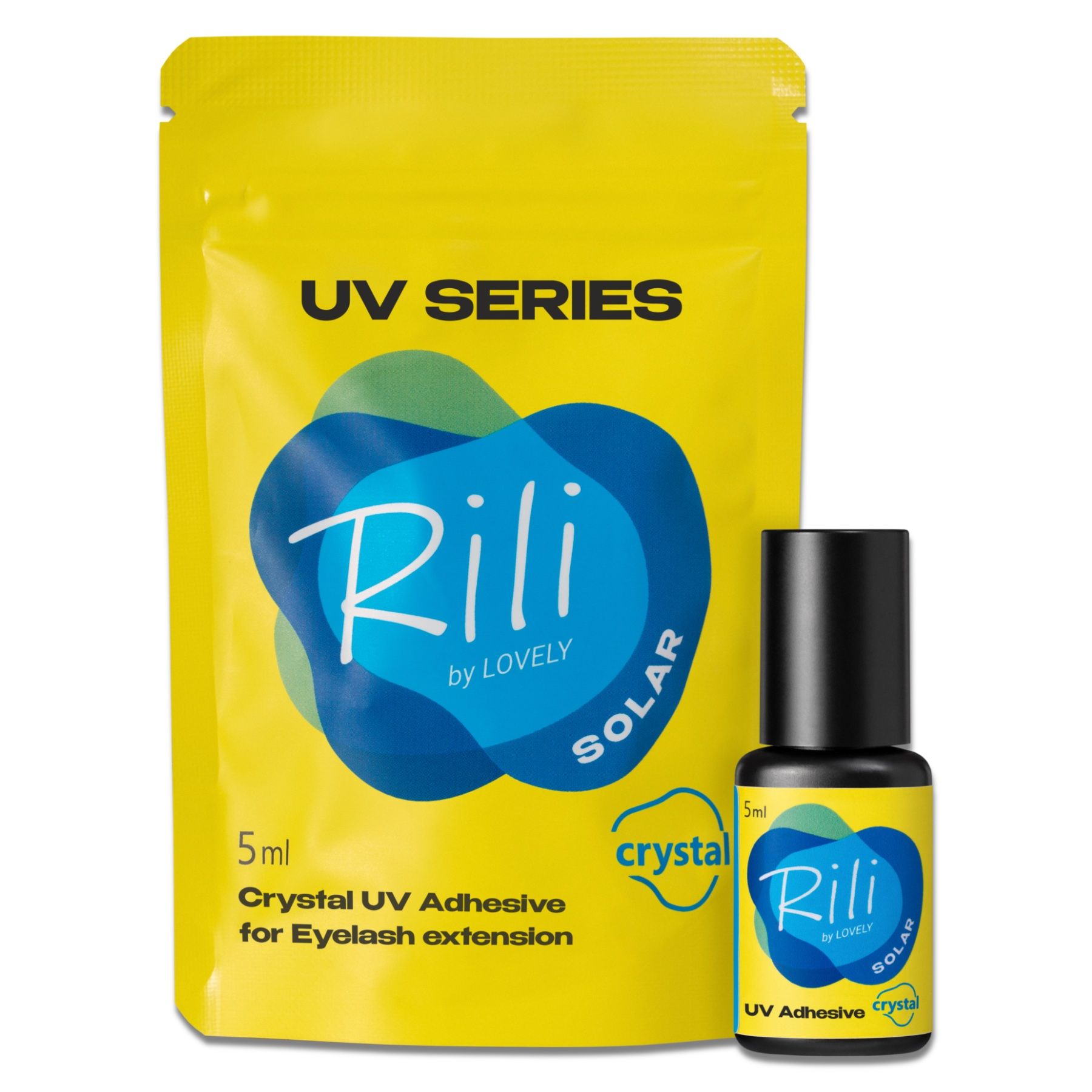 Gelbe Verpackung und Flasche Kleber. Text: Rili by LOVELY. Farbe: Kristall. Produkt für Wimpernverlängerung.