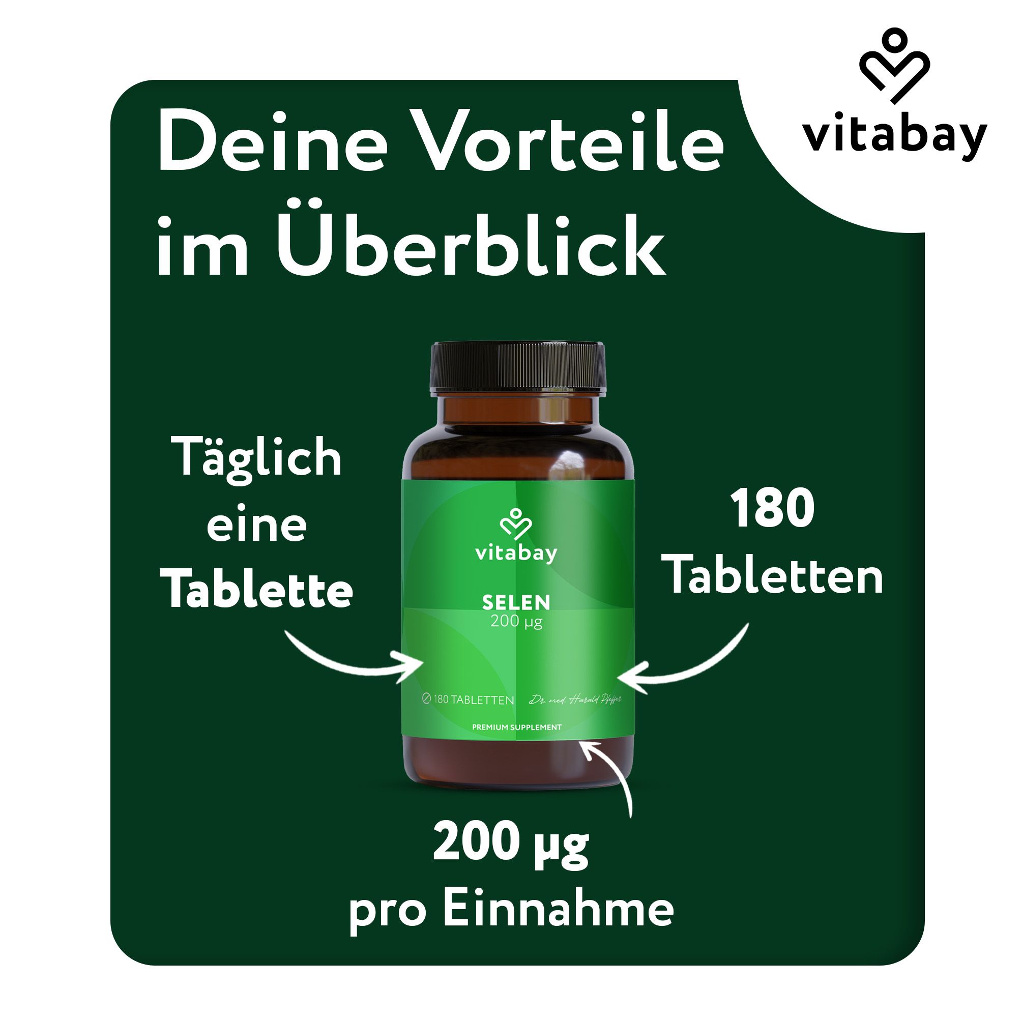 Braune Glasflasche mit grüner Aufschrift: Selen 200 µg. Text: Täglich eine Tablette, 180 Tabletten, 200 µg pro Einnahme. Marke: Vitabay.