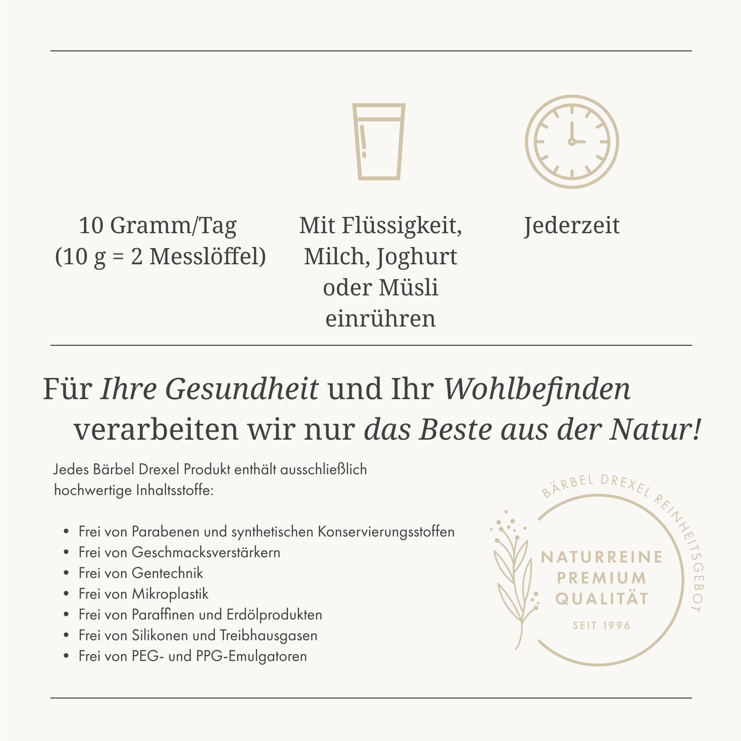 Infografik: Einnahmeempfehlung für Lecithin Granulat. Mit Flüssigkeit, Milch, Joghurt oder Müsli.
