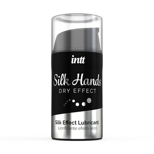 Schwarze Flasche mit "Silk Hands Dry Effect" und Pumpkopf. Silberner Boden.