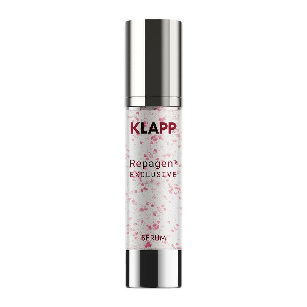 Serumflasche mit silbernem Deckel. Aufschrift: KLAPP, Repagen Exclusive, Serum. Transparente Flasche mit rosa Blütenmuster.