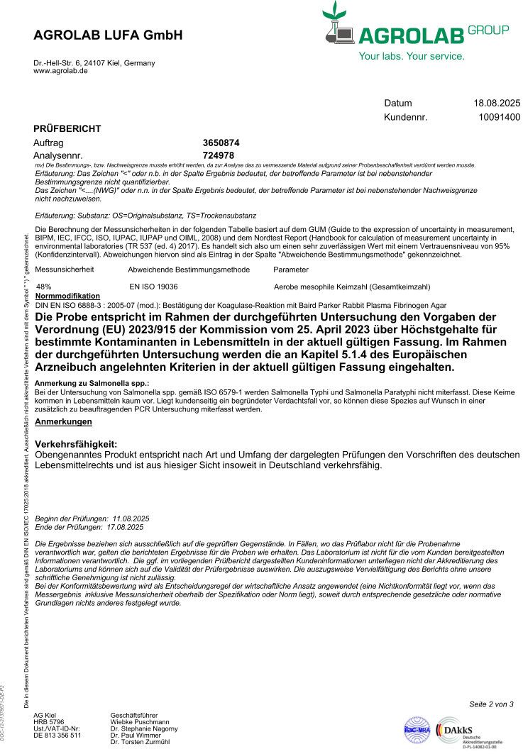 Fortsetzung des Prüfberichts von Agrolab LUFA GmbH. Enthält weitere Testergebnisse, Anmerkungen und Informationen zur Konformität und den Prüfverfahren.