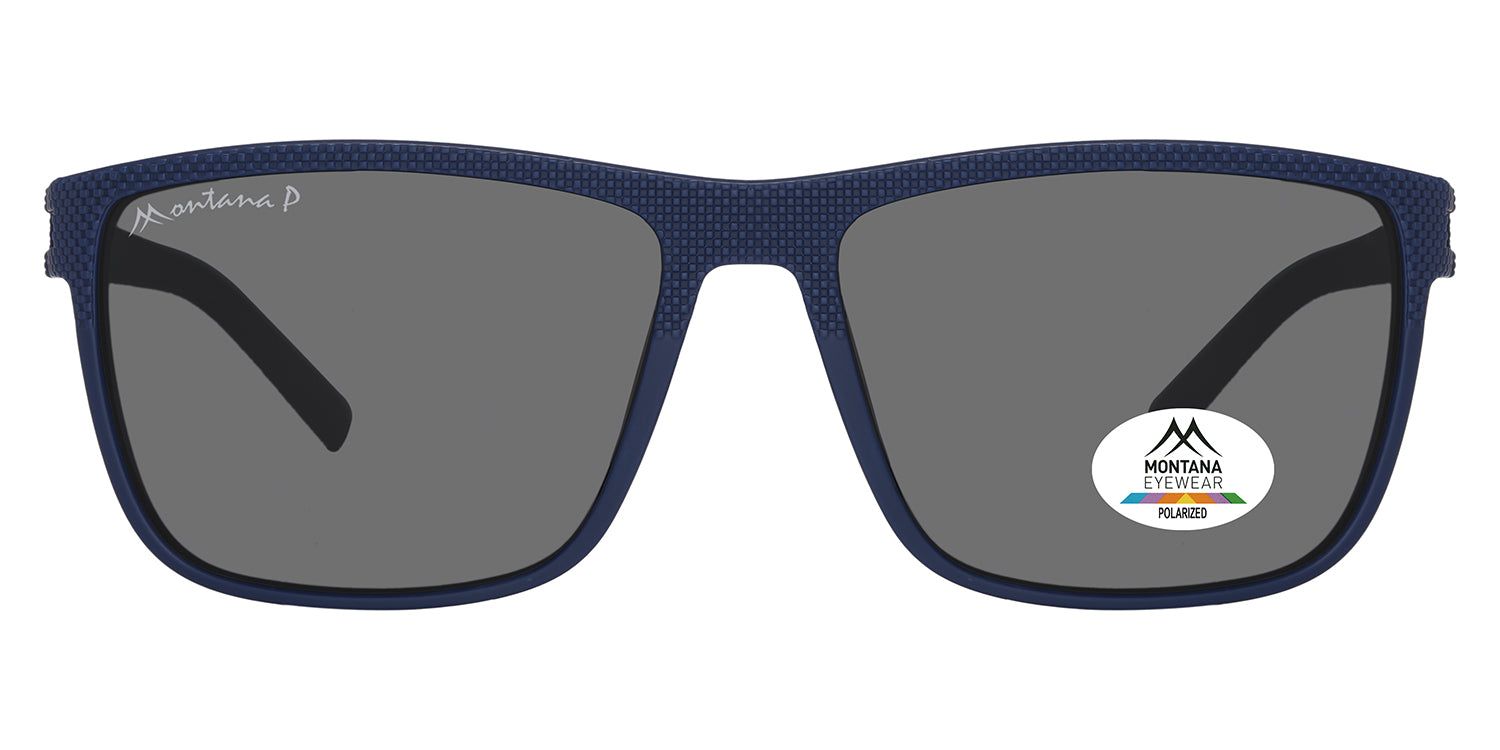 Blaue Sonnenbrille mit grauen Gläsern. Auf dem linken Bügel steht "Montana P". Auf dem rechten Glas befindet sich ein Aufkleber mit Logo und "Polarized".