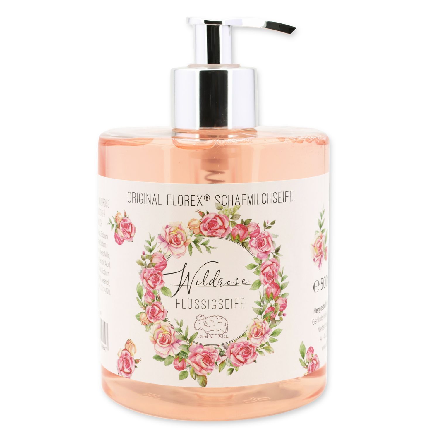 Flüssigseife in einer transparenten Flasche mit Dosierpumpe. Etikett mit floralem Design und Schriftzug Wildrose Flüssigseife.