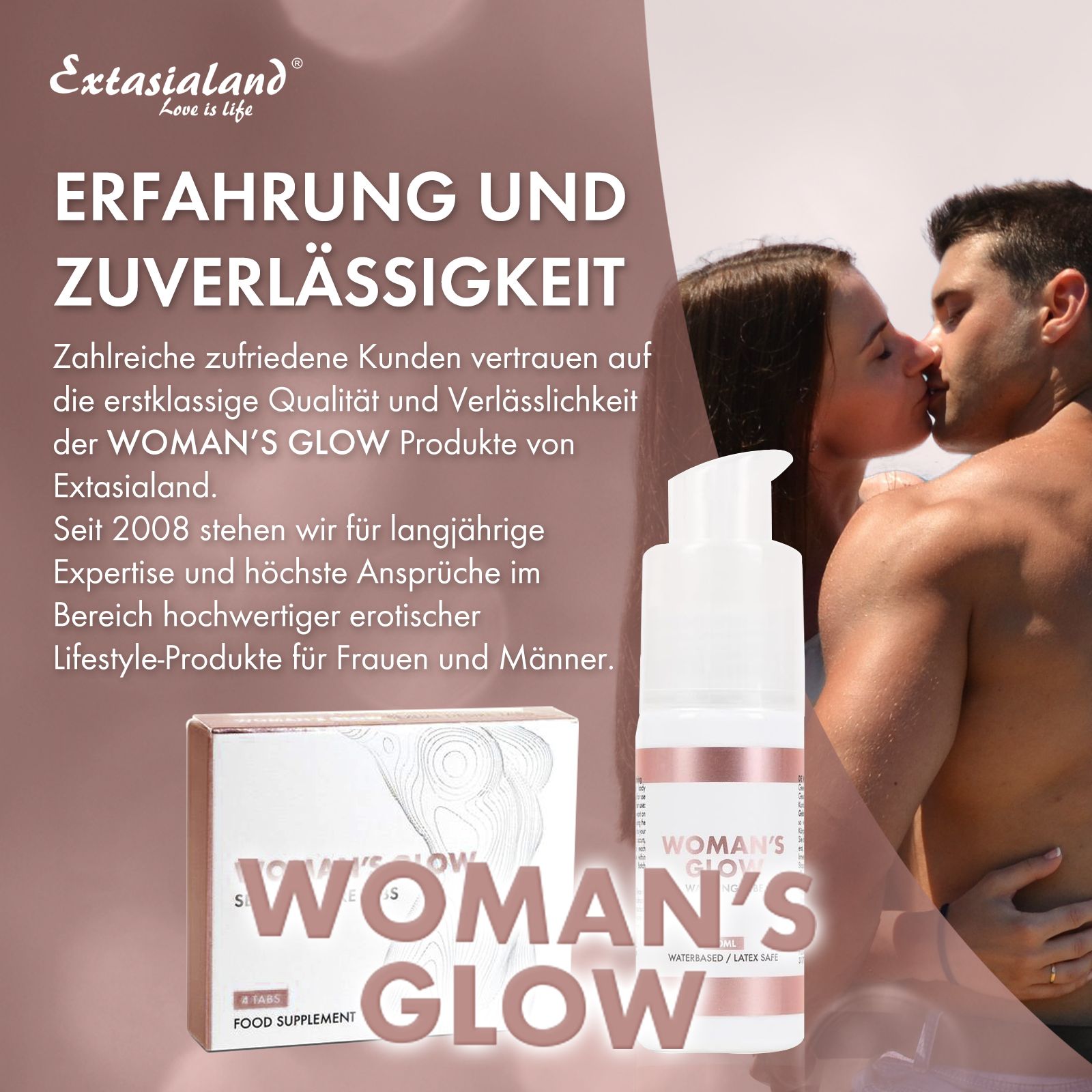 Werbebild mit einem küssenden Paar, einer Flasche und einer Schachtel "WOMAN'S GLOW". Text in Deutsch.